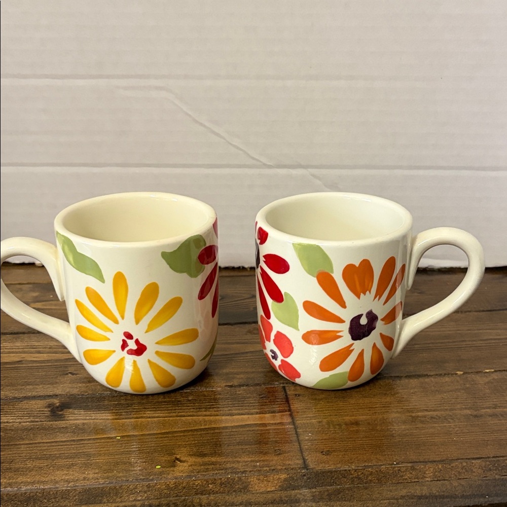 Pier 1 Ceramic Floral Mugs in Yellow, Orange, Red & Green (Set of 2)